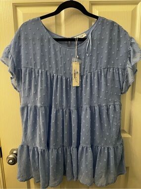 Bluivy Light Blue Tiered Swiss Dot Peplum Blouse